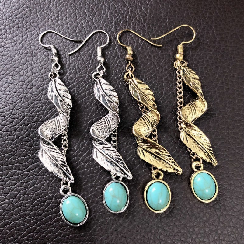 Alloy Leaf Artificial Turquoise Earrings.