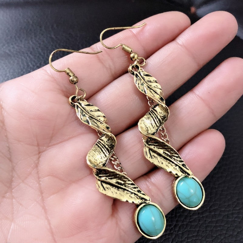 Alloy Leaf Artificial Turquoise Earrings.