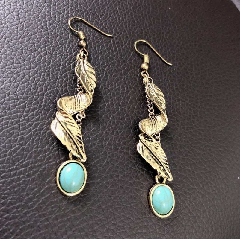 Alloy Leaf Artificial Turquoise Earrings.