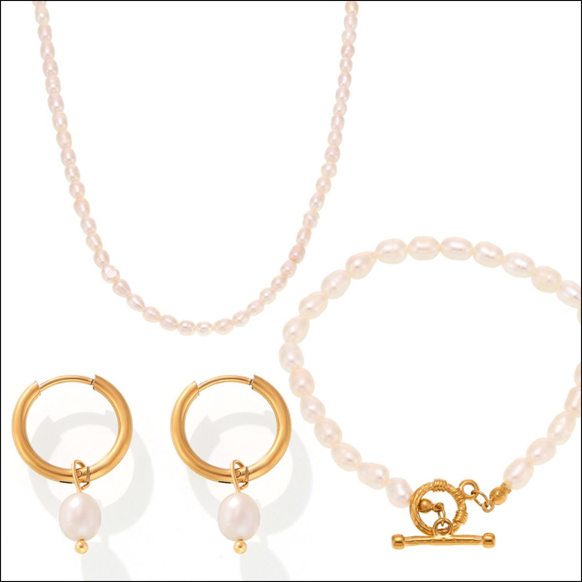 Pearl Necklace, Bracelet and Earrings 4-Piece Jewelry Set.