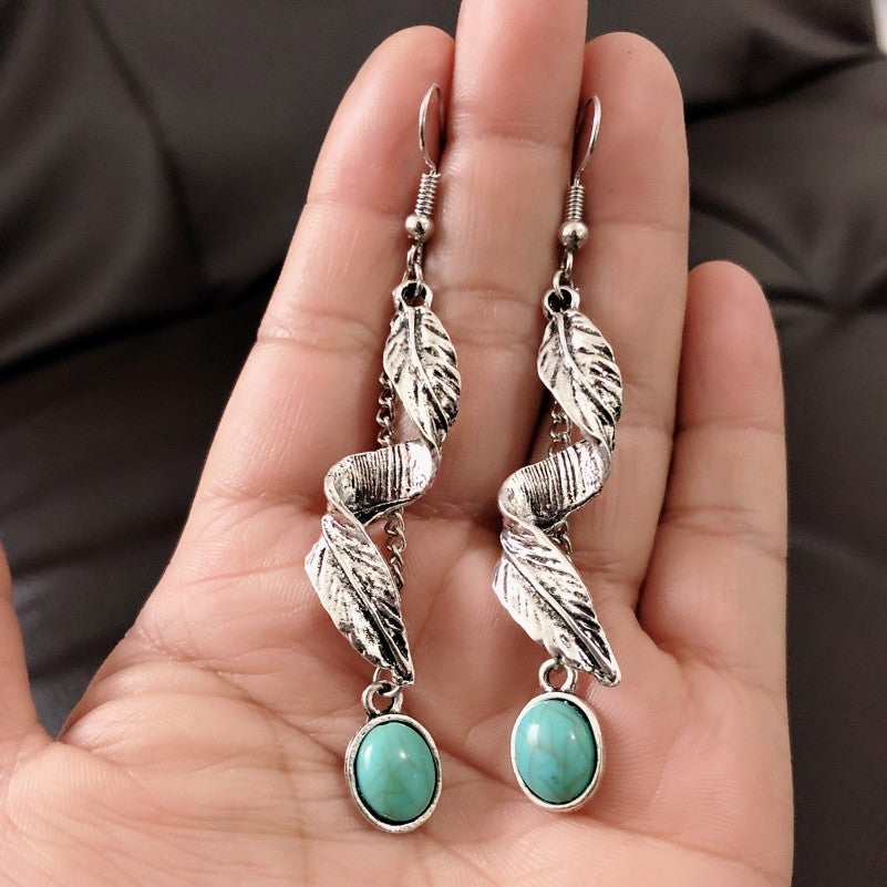 Alloy Leaf Artificial Turquoise Earrings.